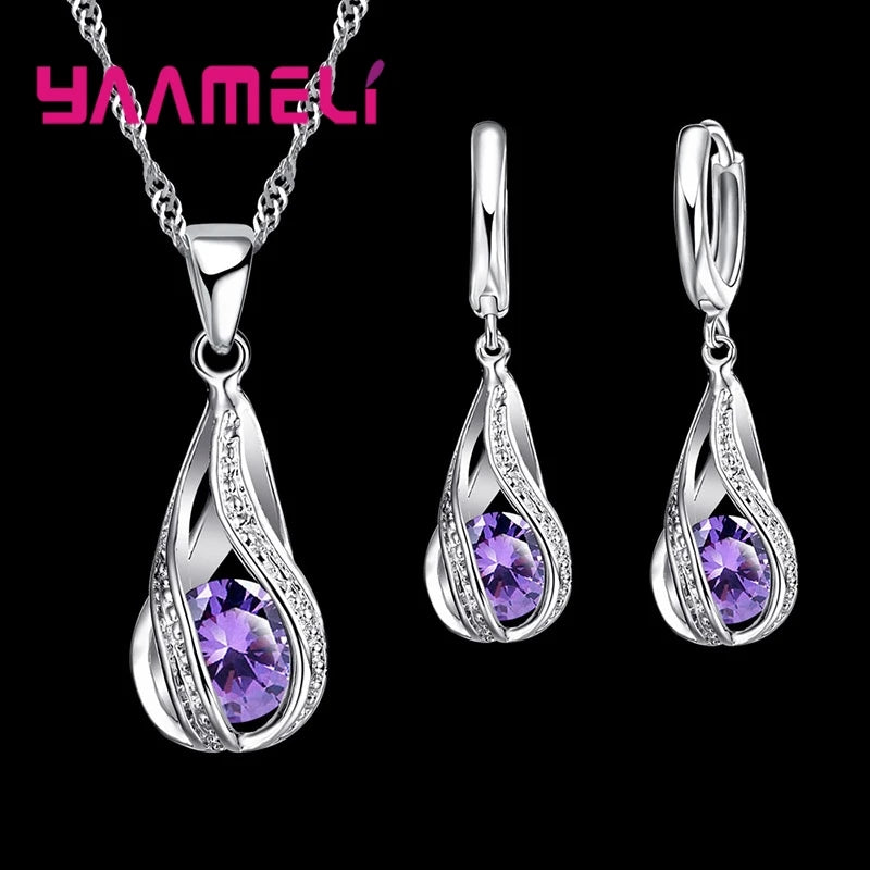 YAAMELI Women's Water Drop Jewellery Set | Sterling Silver Plated Necklace & Dangle CZ Earrings | Wedding Party
