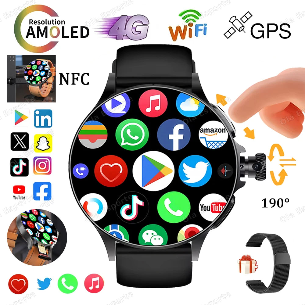 Smartwatch With SIM Card, NFC, GPS, Tracker, 5G/Wi-Fi, Bluetooth, 800W Camera, 1.95" Screen, 1000mAh Battery.
