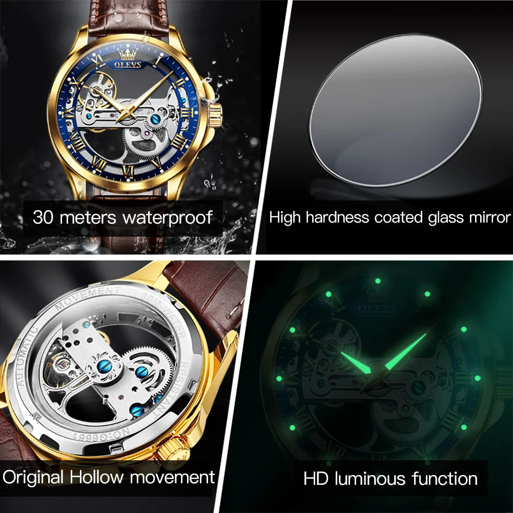 OLEVS 6661 Luxury Skeleton Mechanical Watch – Hand-Wound | Stainless Steel Case | Luminous Display | 3ATM Waterproof | Leather Strap