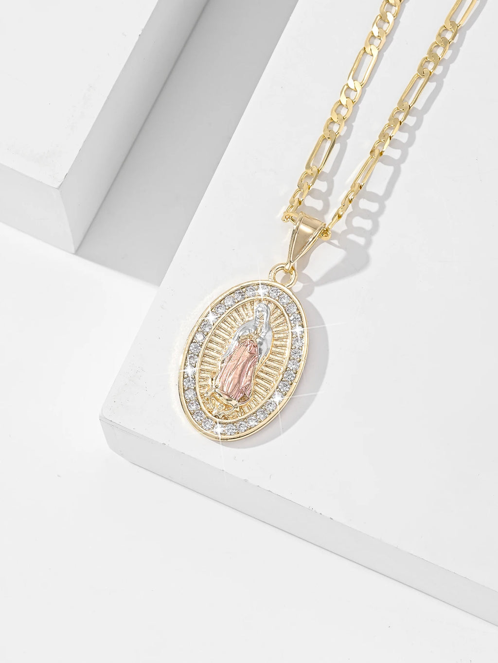 Religious Oval Pendant Necklace | Gold Plated Virgin Mary & Zirconia Halo | Blade Chain Catholic Jewellery