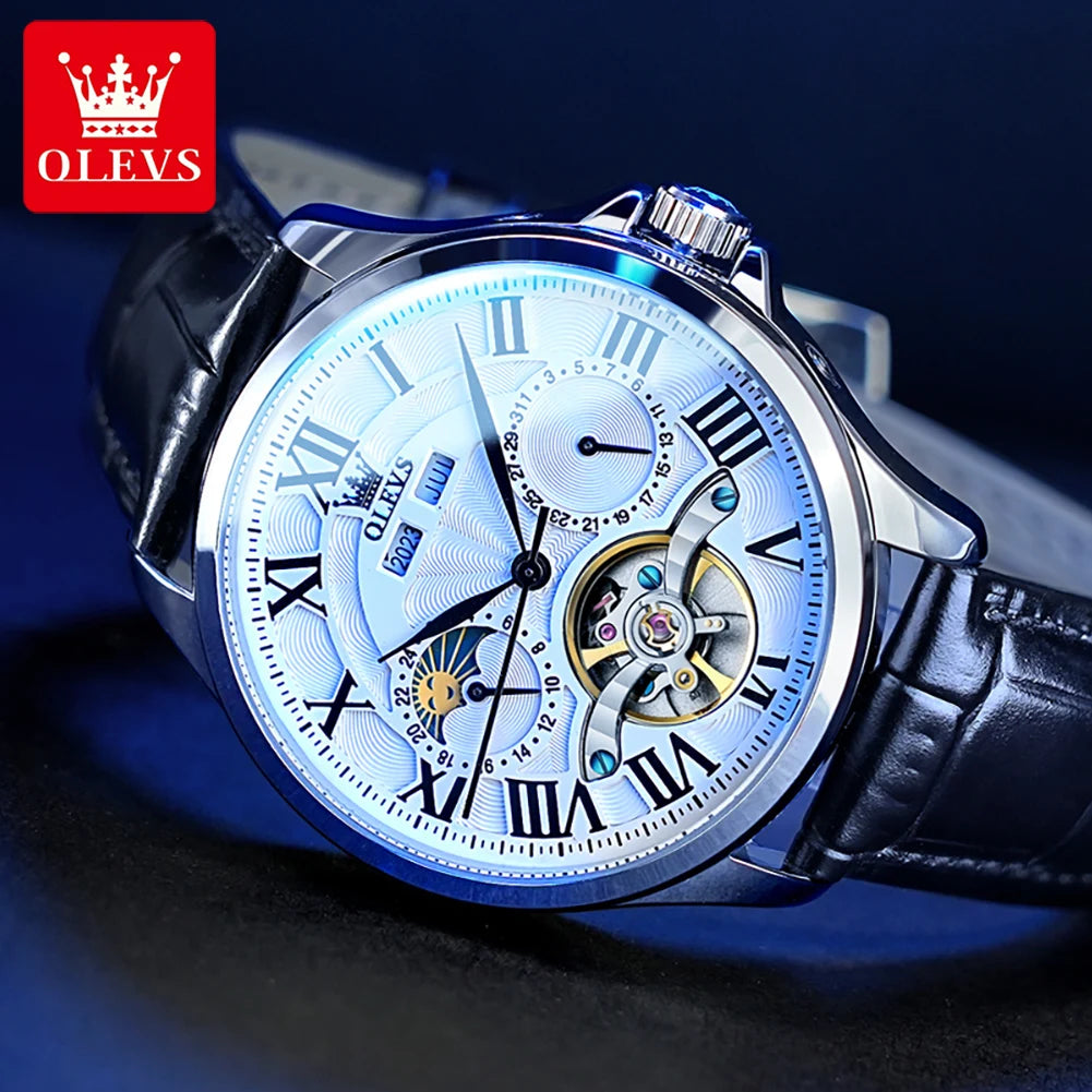 OLEVS 7013 Automatic Mechanical Watch – Moon Phase | Skeleton Dial | Roman Numerals | 3 ATM Water Resistant | Genuine Leather Strap