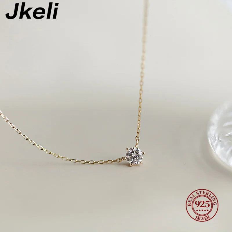 Jkeli S925 Sterling Silver Solitaire Necklace | Gold Plated Zircon Pendant | Delicate Minimalist Fine Jewellery