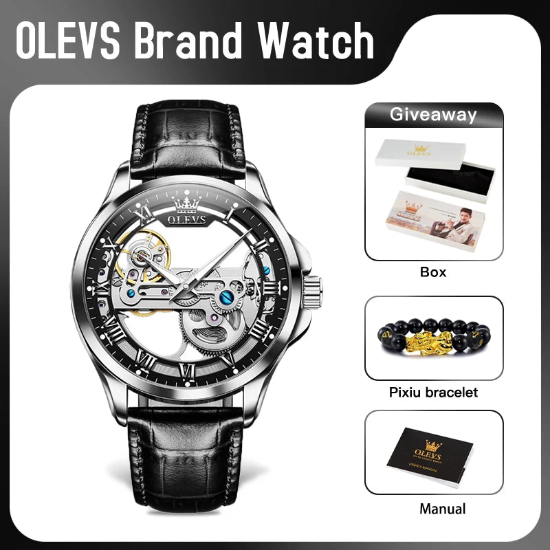 OLEVS 6661 Luxury Skeleton Mechanical Watch – Hand-Wound | Stainless Steel Case | Luminous Display | 3ATM Waterproof | Leather Strap