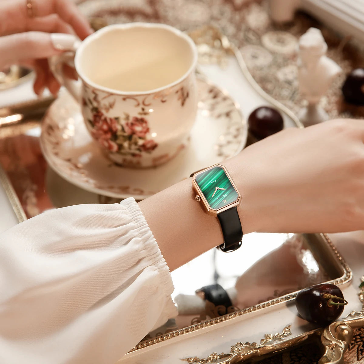 OBLVLO women's quartz watch, rose gold case, leather strap, malachite dial with diamond surface and sapphire crystal.