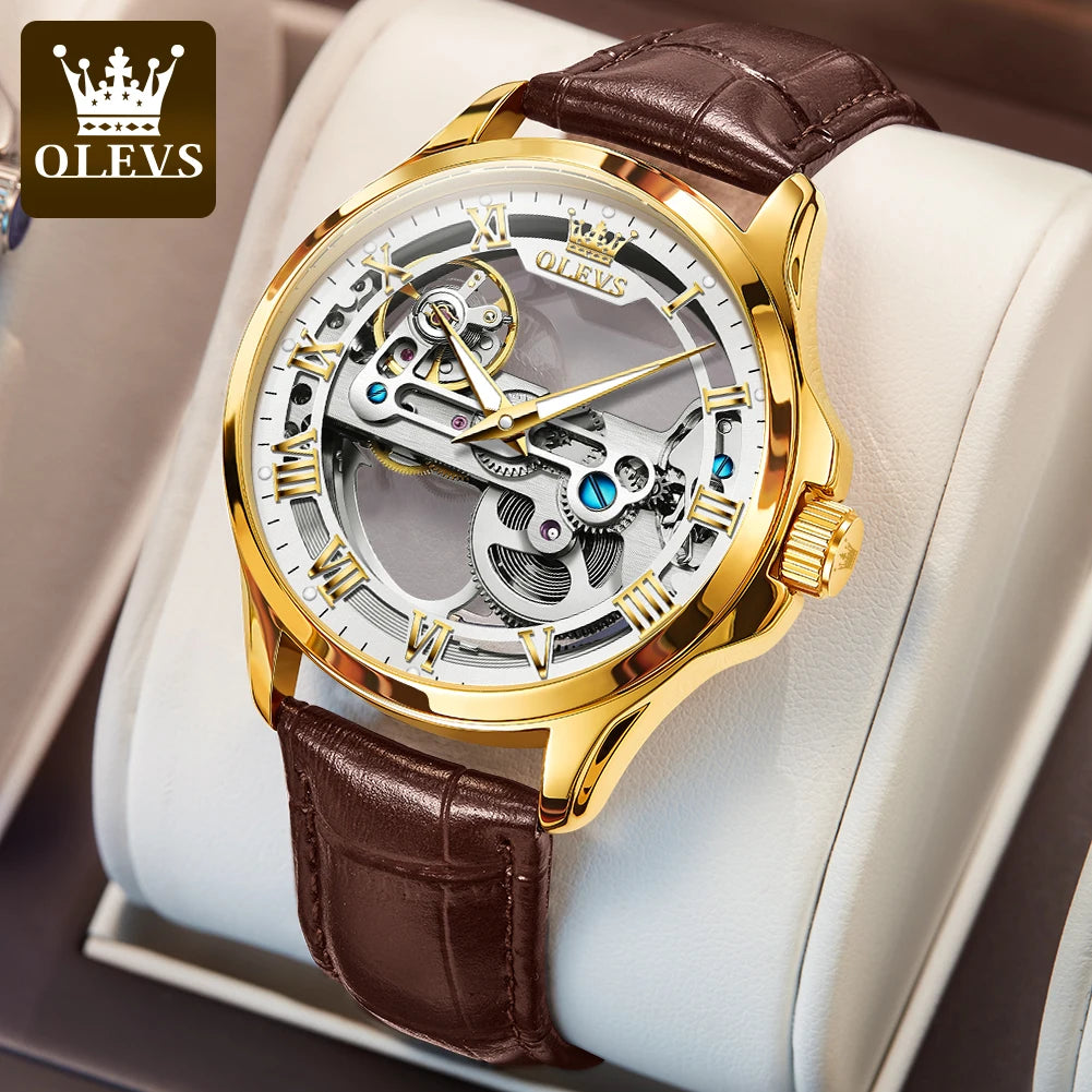 OLEVS 6661 Luxury Skeleton Mechanical Watch – Hand-Wound | Stainless Steel Case | Luminous Display | 3ATM Waterproof | Leather Strap