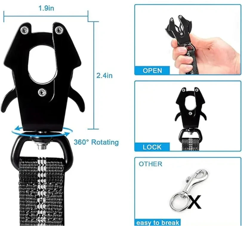 Heavy Duty Tactical Bungee Dog Leash | Zero Shock, Frog Clip & Car Seat Belt Buckle | Reflective Large Dog Lead