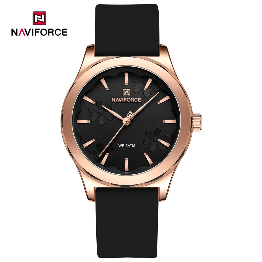 NAVIFORCE NF5051 Women's Quartz Watch | Floral Dial Design | Rose Gold Case | Silicone Strap | 3ATM