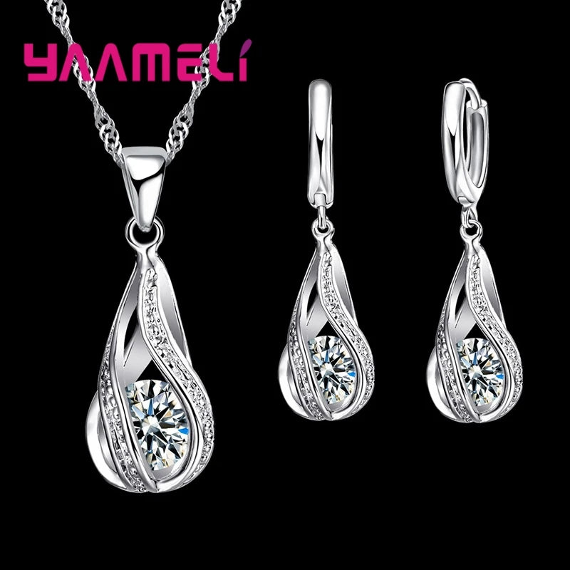 YAAMELI Women's Water Drop Jewellery Set | Sterling Silver Plated Necklace & Dangle CZ Earrings | Wedding Party