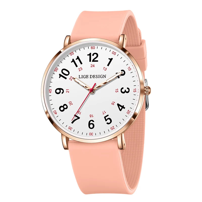 LIGE Luxury Women's Watch, Elegant and Modern, Silicone Strap, Luminous Dial, Waterproof, Quartz Movement.