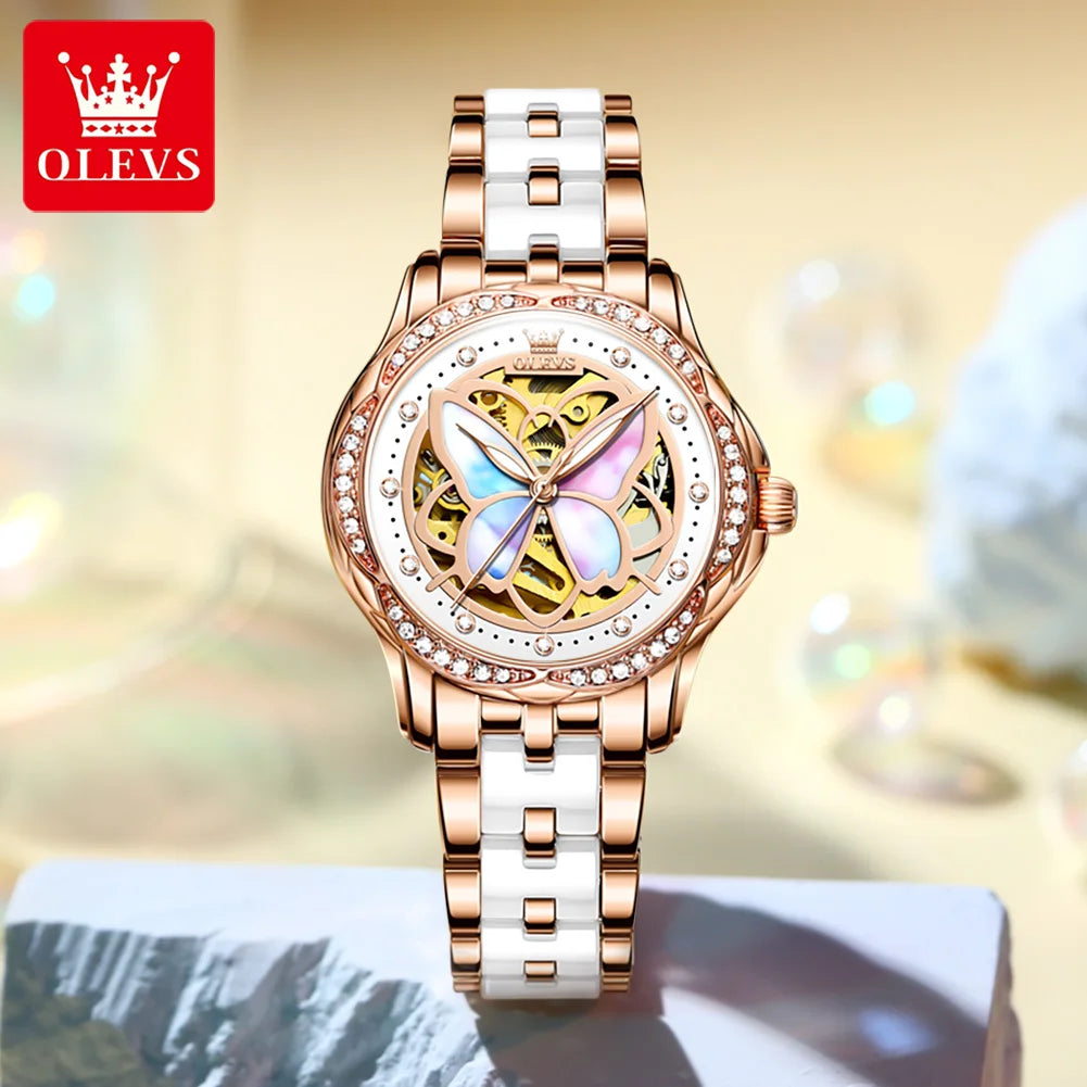 OLEVS 6615 Women's Automatic Watch | Butterfly Skeleton Dial | Rose Gold & Ceramic Bracelet | Rhinestone Bezel