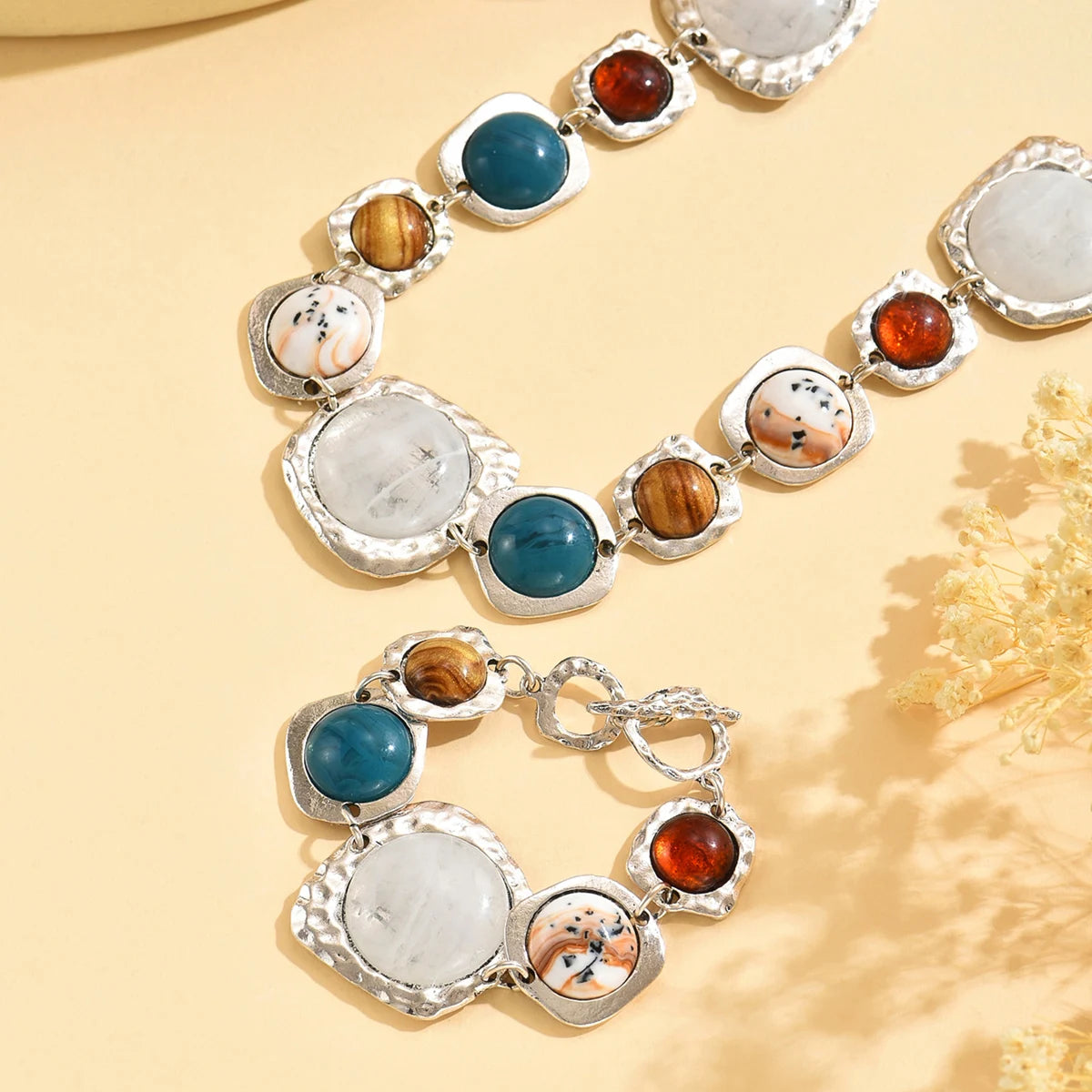 Bohemia Multi-Stone Geometric Jewellery Set | Chunky Irregular Necklace & Bracelet | Vintage Metal Fashion