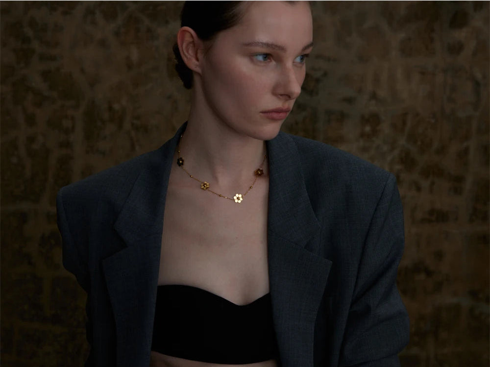 Yhpup Women's PVD Gold Plated Flower Chain Necklace | Stainless Steel Anti-Tarnish Jewellery | Trendy Layering Piece