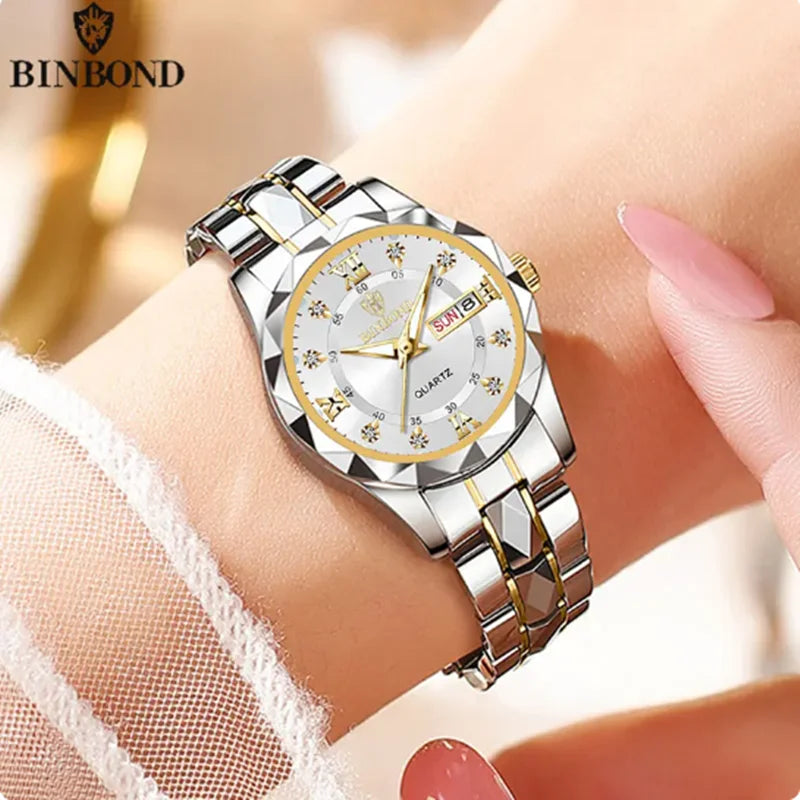 BINBOND B2522 Women's Quartz Watch | Tungsten Steel Two-Tone Bracelet | Diamond-Cut Bezel | Day/Date