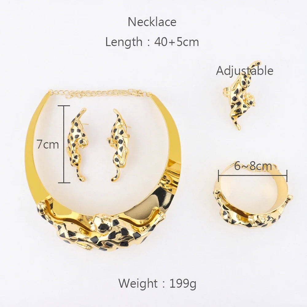 Luxury Leopard 4Pcs Jewellery Set | 24K Vacuum Gold Plated Choker Necklace & Bangle | Nigerian Bridal Statement