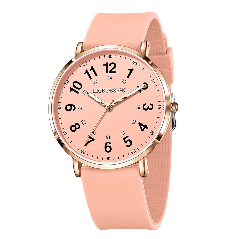 LIGE Luxury Women's Watch, Elegant and Modern, Silicone Strap, Luminous Dial, Waterproof, Quartz Movement.