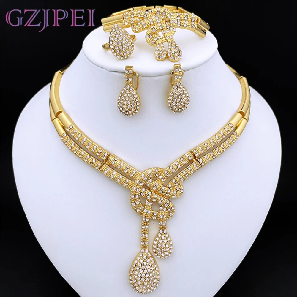GZJPEI Dubai Gold Plated Jewellery Set | Women's Big Statement Necklace, Bracelet, Earrings & Ring | Party Fashion