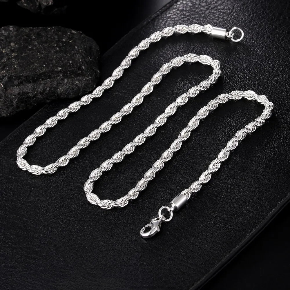 Classic Rope Chain Jewellery Set | Unisex Silver Tone Necklace & Bracelet | Twisted Link Chain Fashion
