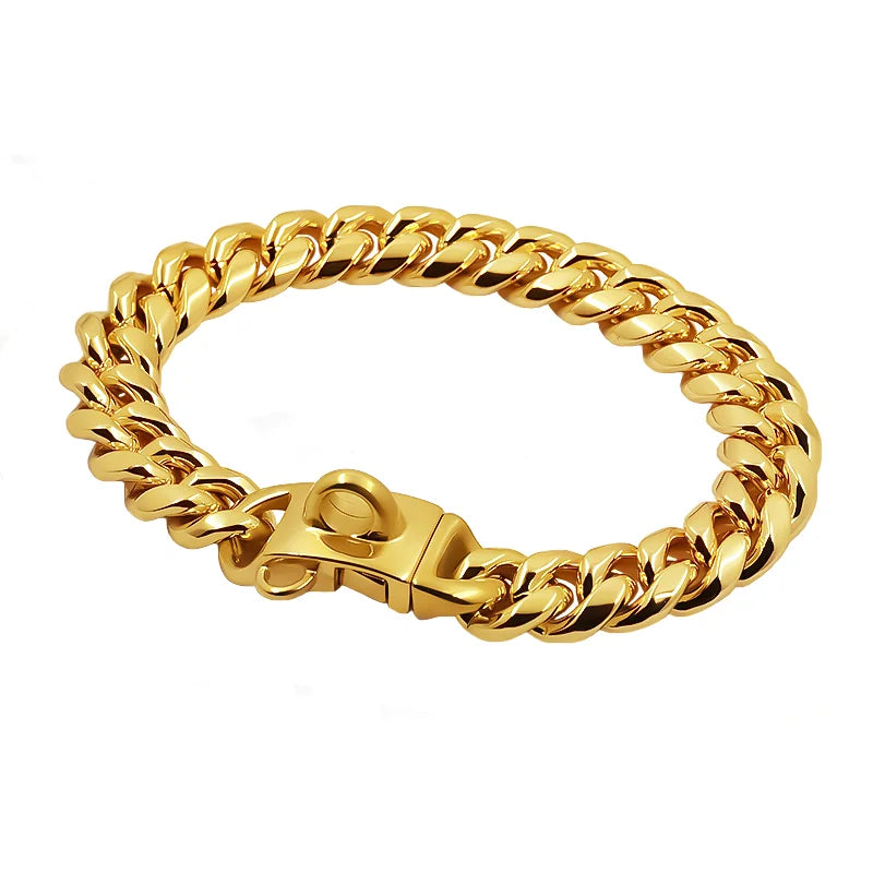 XMSJ Heavy Duty Cuban Link Dog Collar | 304 Stainless Steel, 18K Gold Plated | Quick Release Luxury Chain