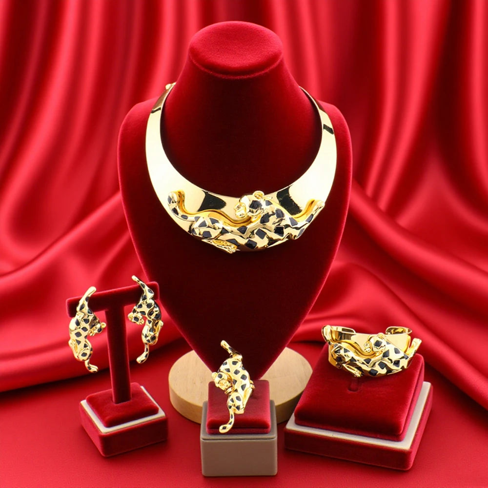 Luxury Leopard 4Pcs Jewellery Set | 24K Vacuum Gold Plated Choker Necklace & Bangle | Nigerian Bridal Statement