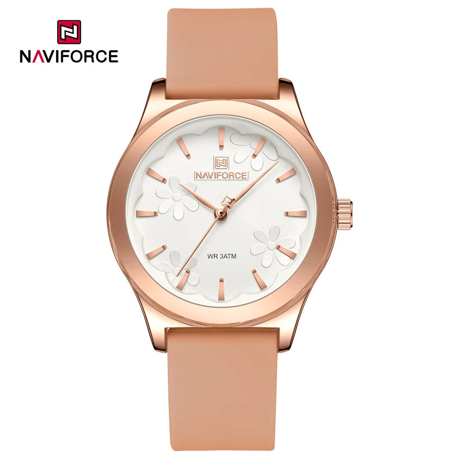 NAVIFORCE NF5051 Women's Quartz Watch | Floral Dial Design | Rose Gold Case | Silicone Strap | 3ATM