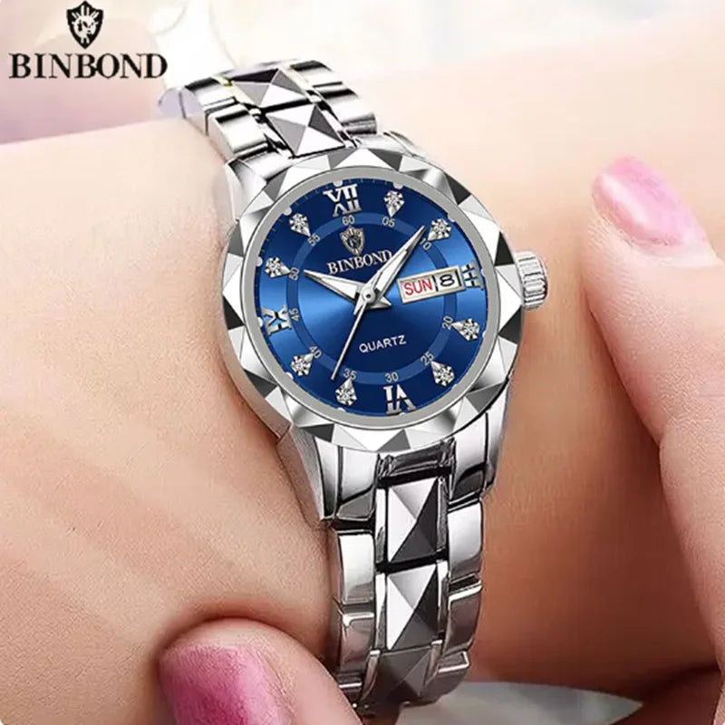 BINBOND B2522 Women's Quartz Watch | Tungsten Steel Two-Tone Bracelet | Diamond-Cut Bezel | Day/Date