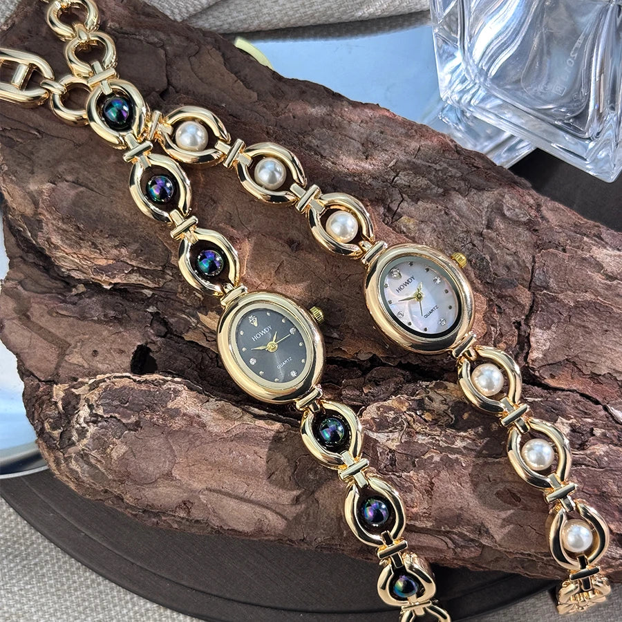 HOWDY HD4008 Women's Quartz Watch | Gold Tone Heart Bracelet | Iridescent Gemstones | Jewelry Bangle Watch