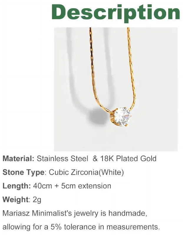 Delicate Solitaire Zirconia Necklace | 18K Gold Plated 316L Stainless Steel | Hypoallergenic Minimalist Chain