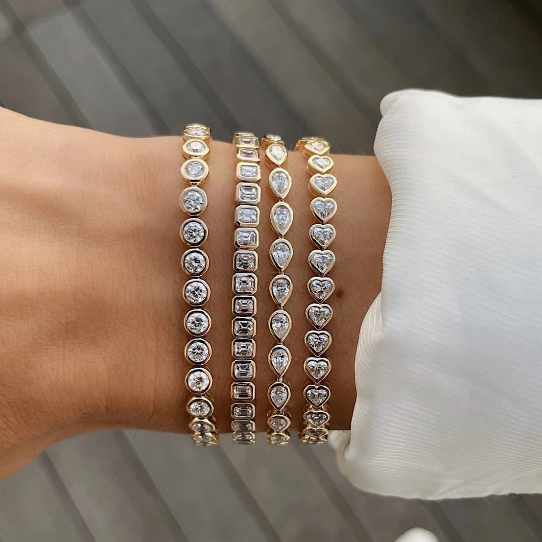 sdzstone Multi-Cut CZ Tennis Bracelet | AAA Cubic Zirconia | Gold Plated Geometric Stacking Jewellery | 15cm+4cm