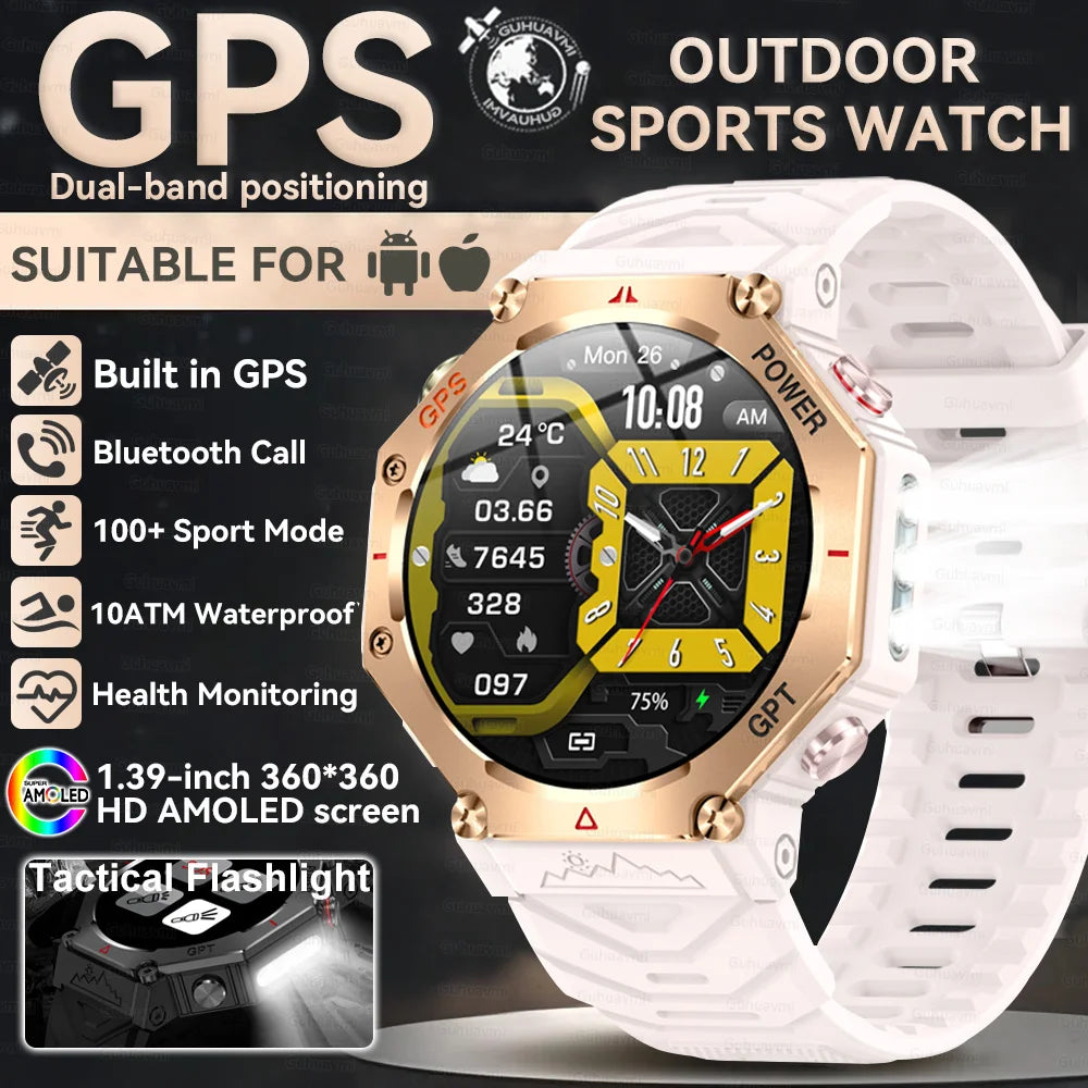 GUHUAVMI Tactical Smartwatch | 10ATM IP69K Waterproof | Dual GPS Tracking | 30-Day Standby | Compass & Flashlight