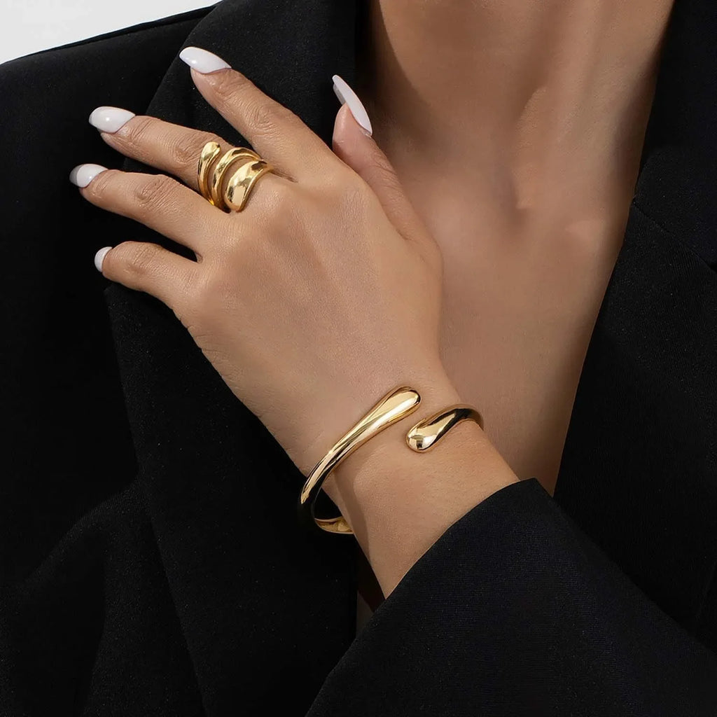Women's Gold Plated Cuff Bangle | Sculptural Teardrop Open Bracelet | Minimalist Fluid Statement Jewellery