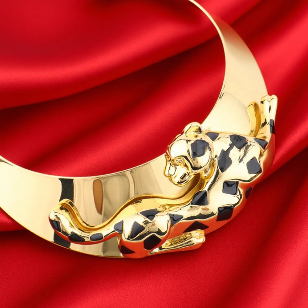 Luxury Leopard 4Pcs Jewellery Set | 24K Vacuum Gold Plated Choker Necklace & Bangle | Nigerian Bridal Statement