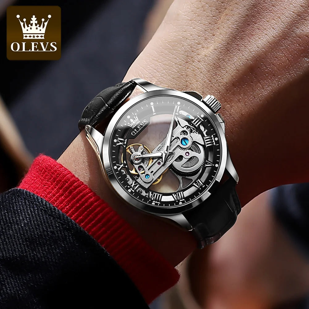 OLEVS 6661 Luxury Skeleton Mechanical Watch – Hand-Wound | Stainless Steel Case | Luminous Display | 3ATM Waterproof | Leather Strap