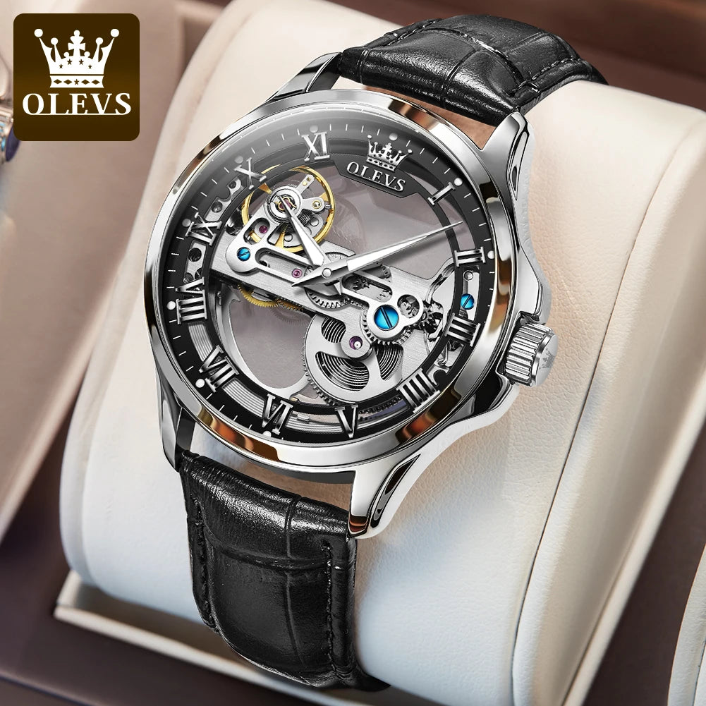 OLEVS 6661 Luxury Skeleton Mechanical Watch – Hand-Wound | Stainless Steel Case | Luminous Display | 3ATM Waterproof | Leather Strap
