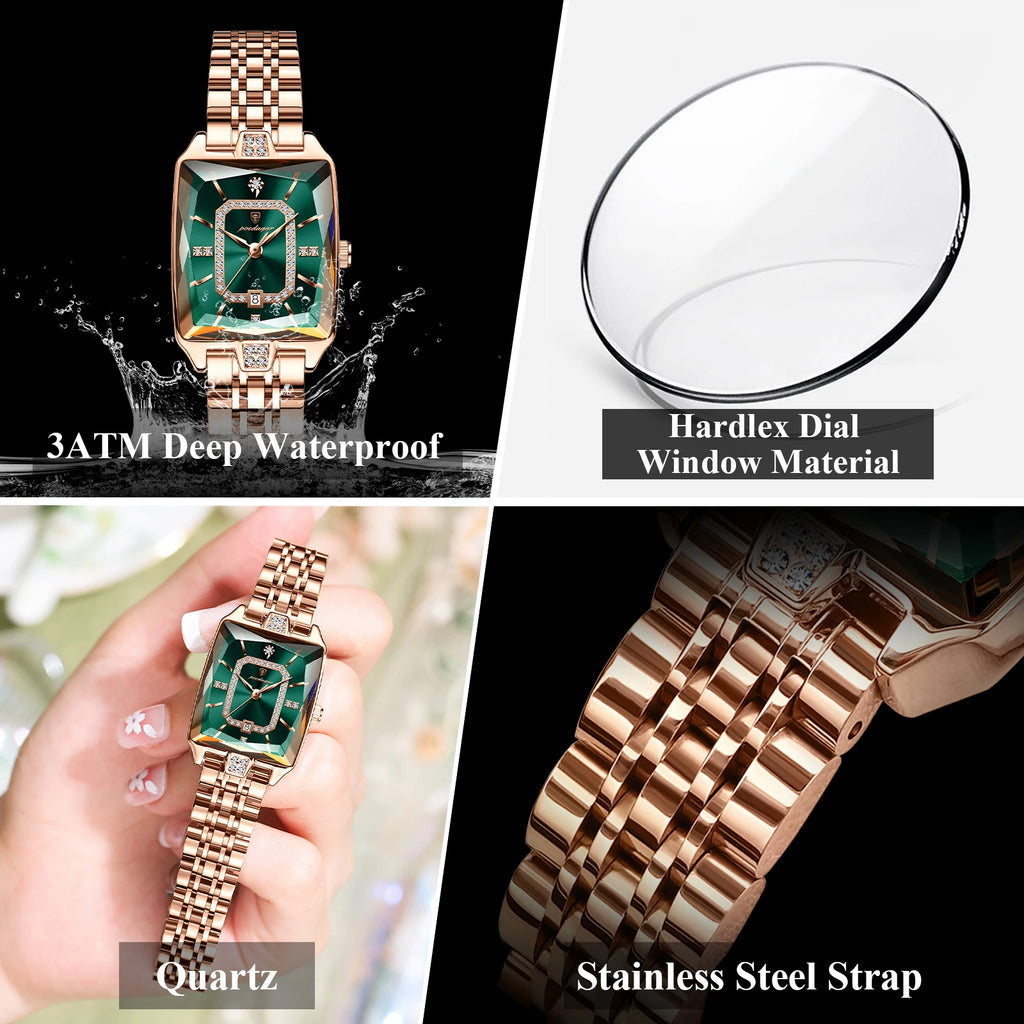 POEDAGAR Emerald Royale – Women’s Luxury Stainless Steel Quartz Waterproof Calendar Watch
