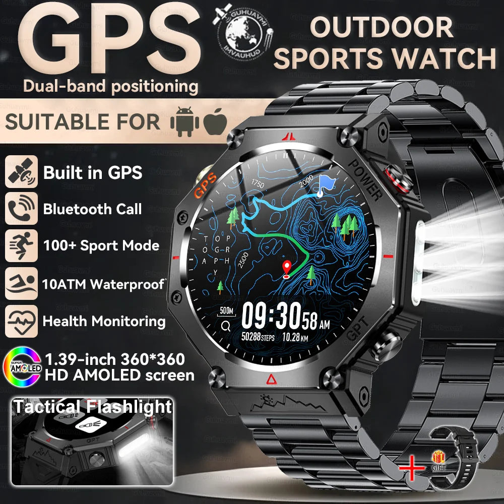 GUHUAVMI Tactical Smartwatch | 10ATM IP69K Waterproof | Dual GPS Tracking | 30-Day Standby | Compass & Flashlight