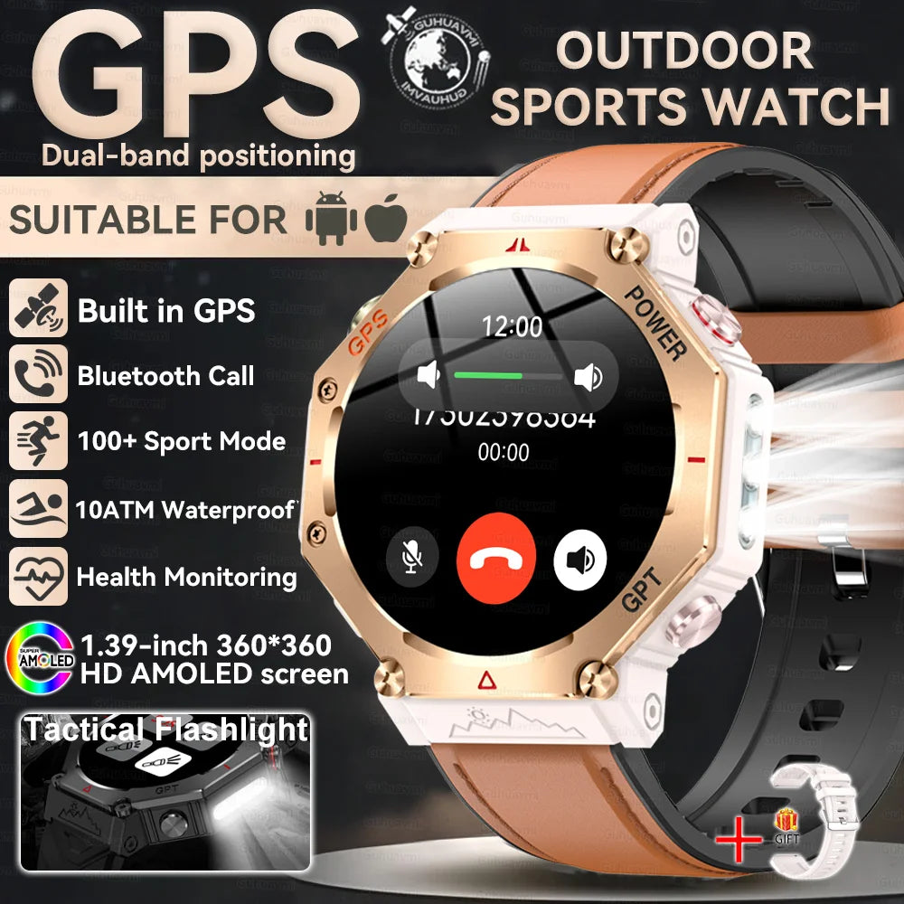 GUHUAVMI Tactical Smartwatch | 10ATM IP69K Waterproof | Dual GPS Tracking | 30-Day Standby | Compass & Flashlight