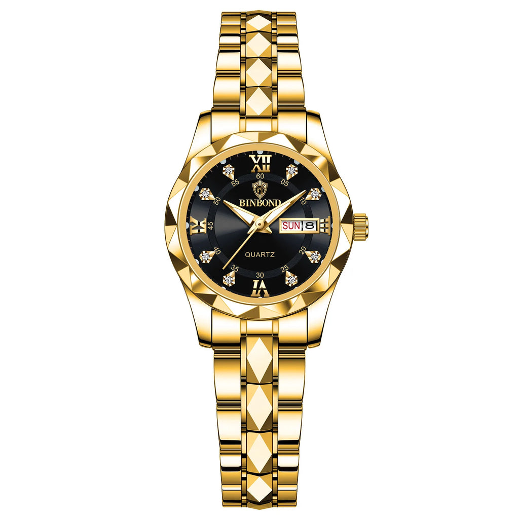 BINBOND B2522 Women's Quartz Watch | Tungsten Steel Two-Tone Bracelet | Diamond-Cut Bezel | Day/Date