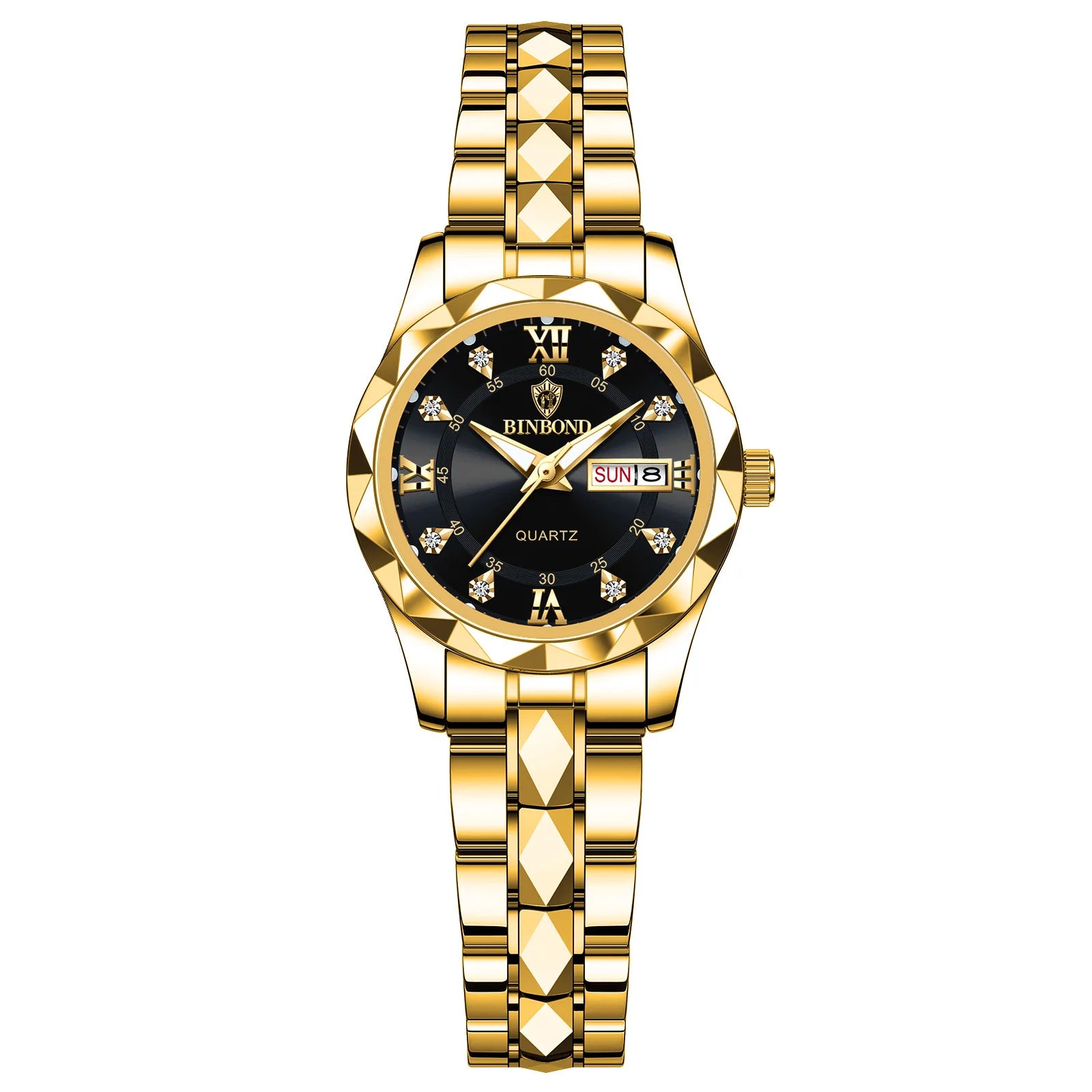 BINBOND B2522 Women's Quartz Watch | Tungsten Steel Two-Tone Bracelet | Diamond-Cut Bezel | Day/Date
