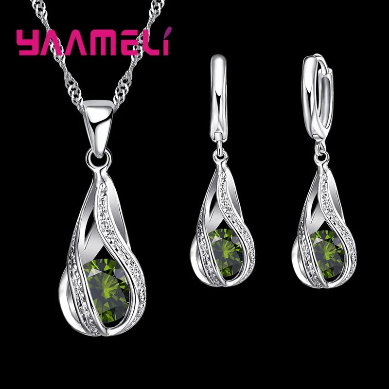 YAAMELI Women's Water Drop Jewellery Set | Sterling Silver Plated Necklace & Dangle CZ Earrings | Wedding Party