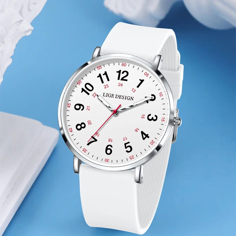 LIGE Luxury Women's Watch, Elegant and Modern, Silicone Strap, Luminous Dial, Waterproof, Quartz Movement.