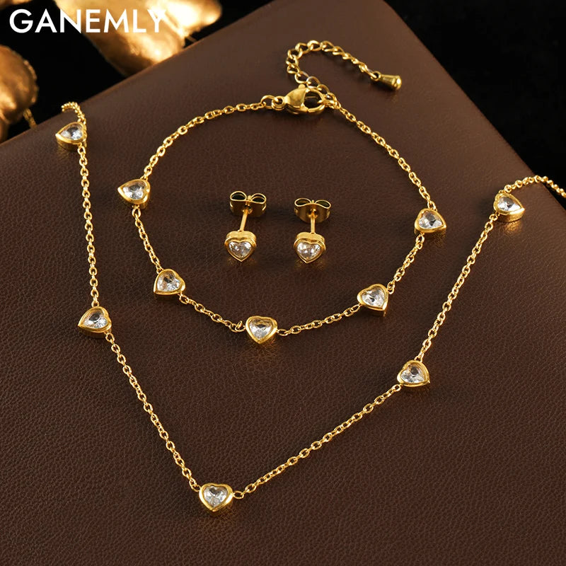 GANEMLY Women's Heart Solitaire Jewellery Set | 316 Stainless Steel Necklace, Bracelet & Studs | Anti-Tarnish