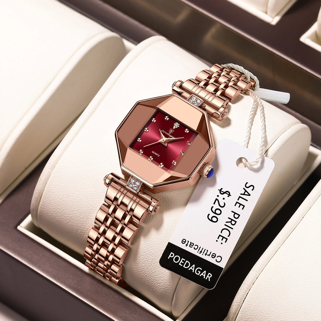 POEDAGAR 368 Women's Quartz Watch | Rose Gold Octagon Case | Ruby Red Dial | Stainless Steel Bracelet | 3ATM