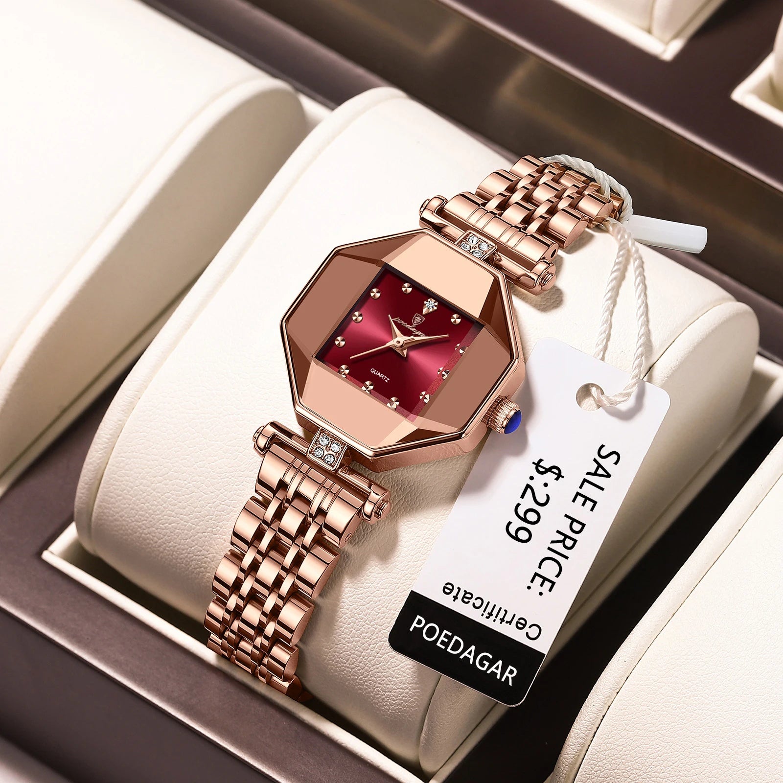 POEDAGAR 368 Women's Quartz Watch | Rose Gold Octagon Case | Ruby Red Dial | Stainless Steel Bracelet | 3ATM