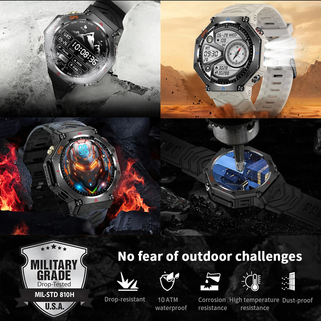 GUHUAVMI Tactical Smartwatch | 10ATM IP69K Waterproof | Dual GPS Tracking | 30-Day Standby | Compass & Flashlight