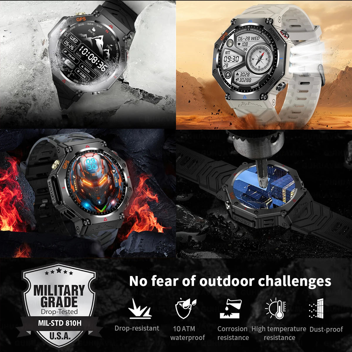 GUHUAVMI Tactical Smartwatch | 10ATM IP69K Waterproof | Dual GPS Tracking | 30-Day Standby | Compass & Flashlight