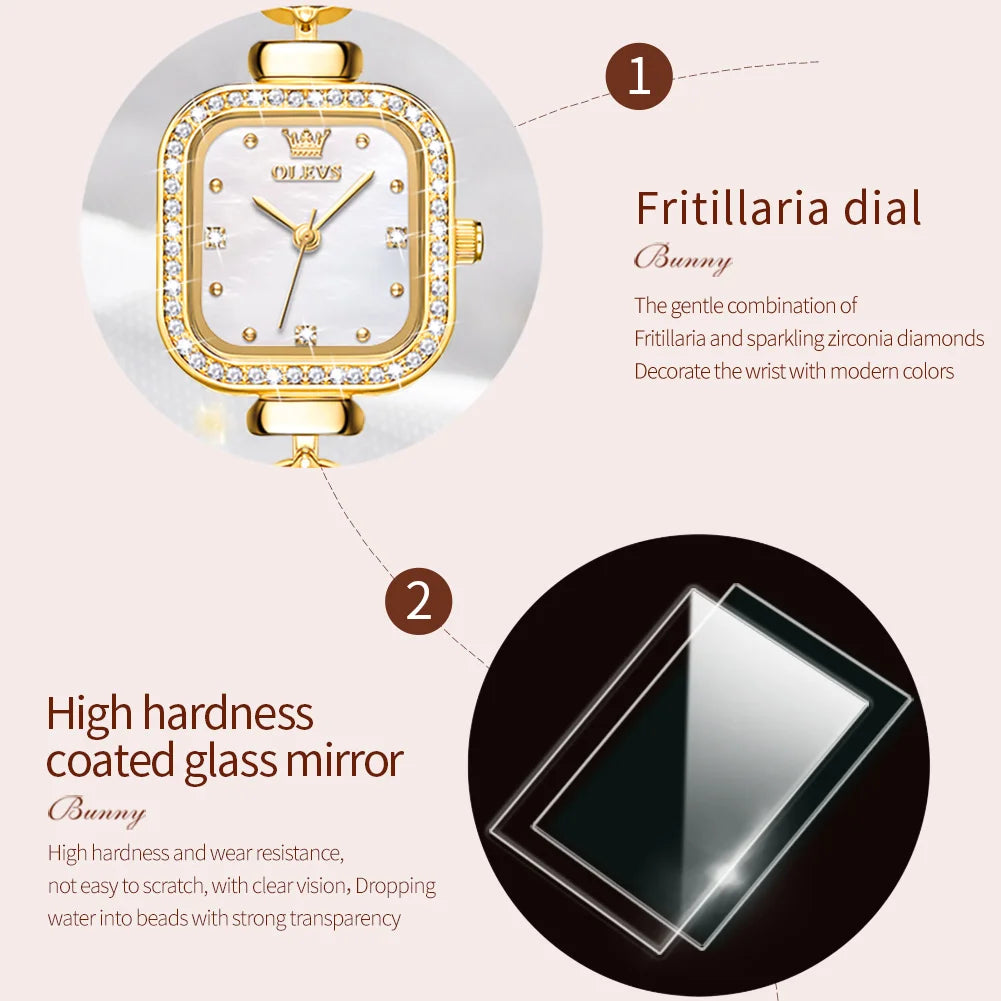 OLEVS 9987 Women's Luxury Quartz Watch | Marquise Gemstone Bracelet | Mother-of-Pearl Dial | Gold Tone Square Case