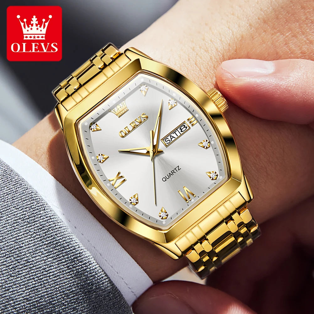 OLEVS 5528 Men's Classic Luxury Watch, Quartz Movement, Luminous, Tonneau-shaped Dial, Top Quality, Water Resistant