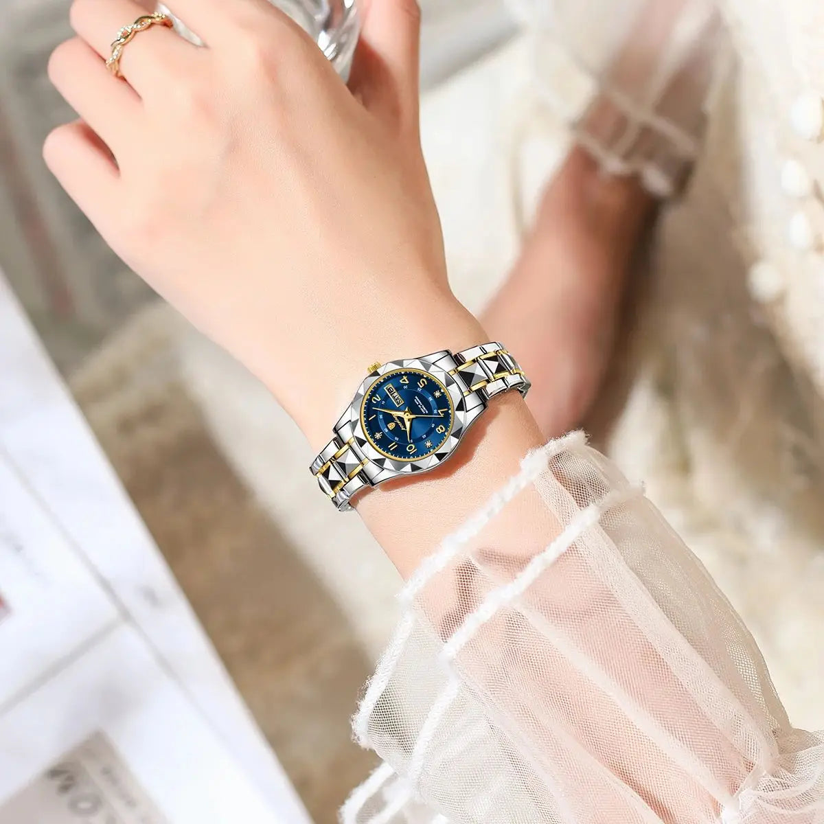 POEDAGAR 782 Women's Quartz Watch | Diamond-Cut Bezel | Two-Tone Stainless Steel | Day/Date Display