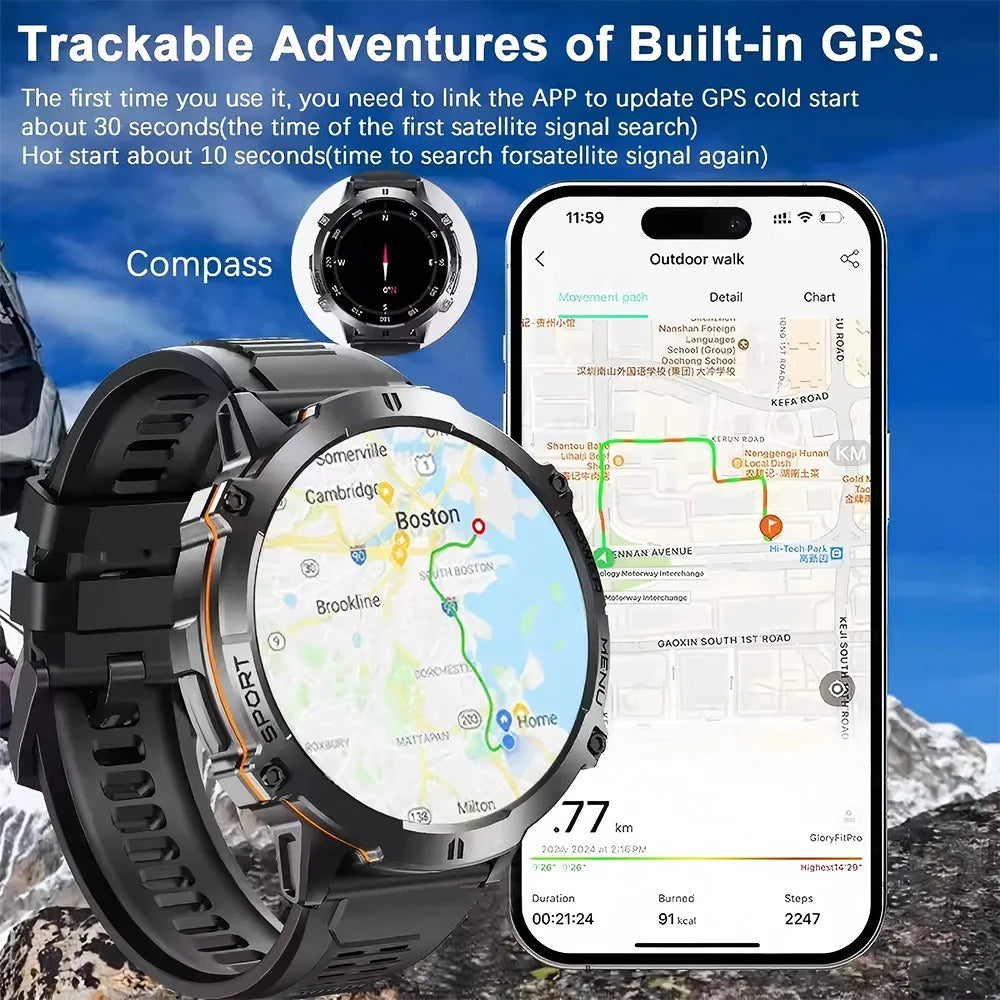Smartwatch | PENGAGAR TANK X3 | Men's | Water Resistant up to 5 ATM | 1000 mAh Battery | GPS | Compass | Bluetooth | AMOLED Screen