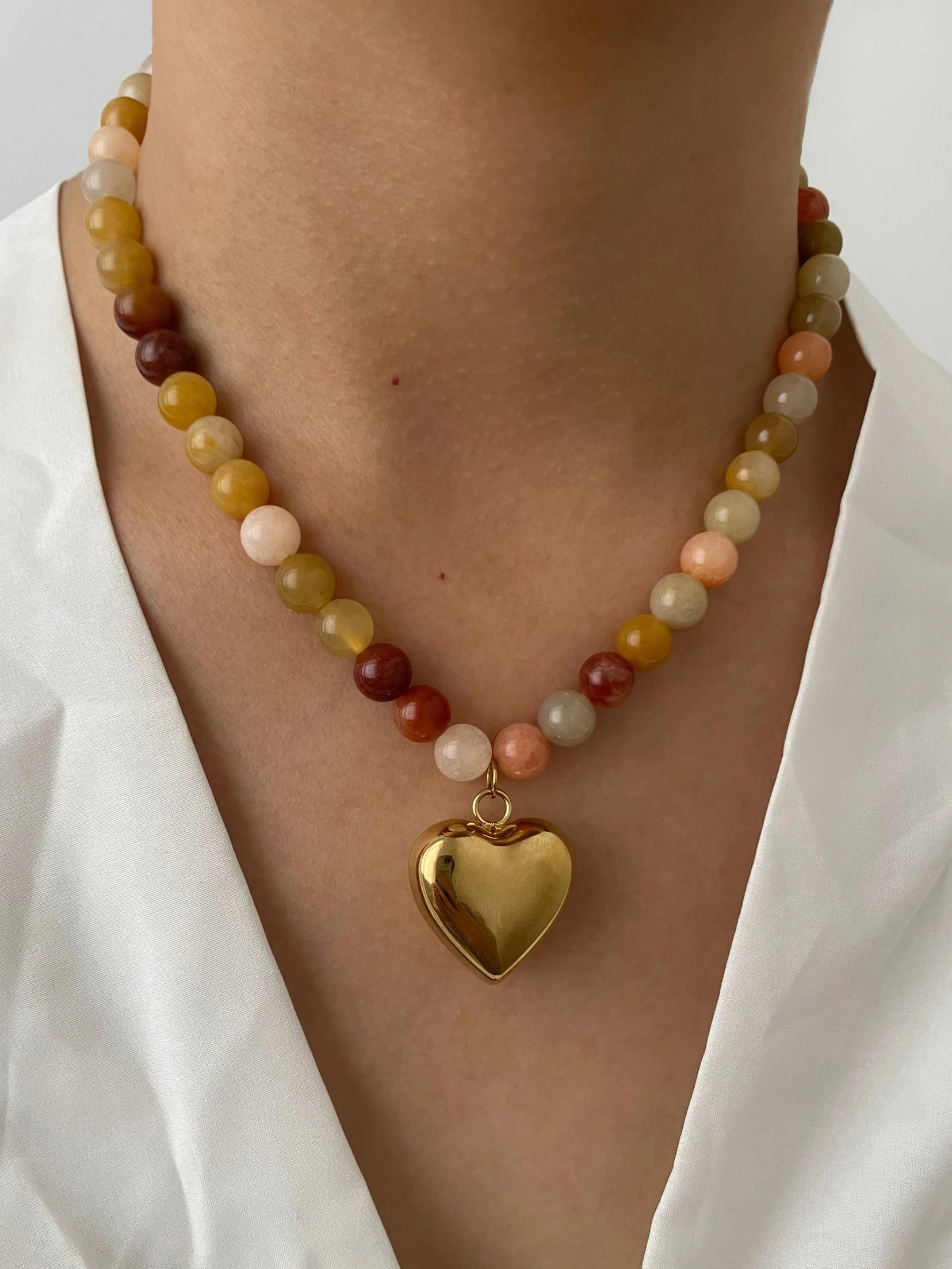 Peri'sBox Women's Multi-color Natural Stone Beaded Choker | Gold Plated Stainless Steel Heart Pendant | Bohemia Trendy